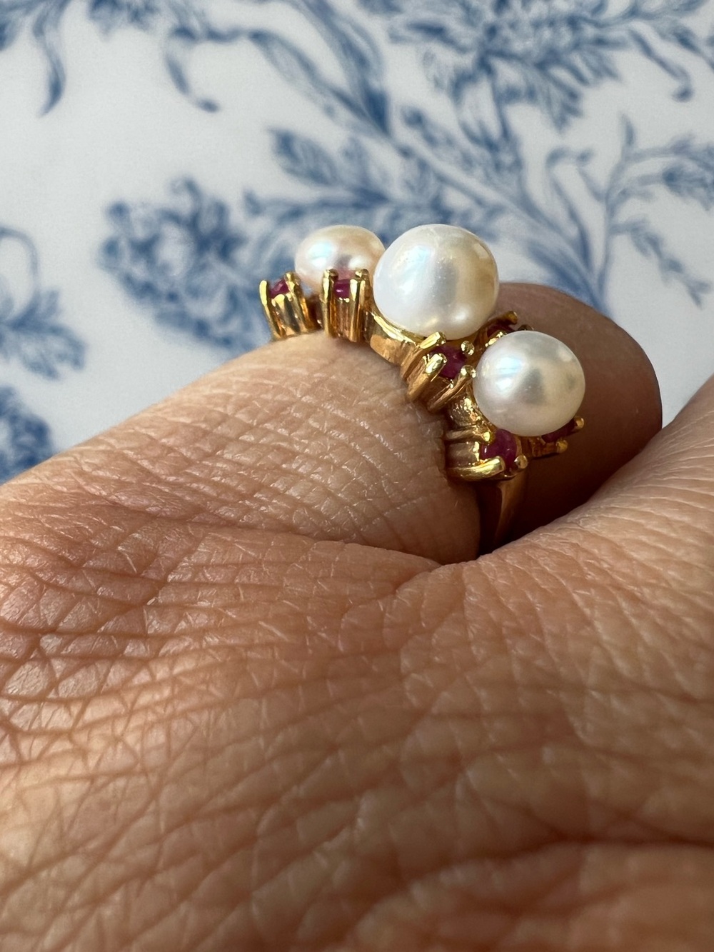 Pearl & Ruby Three Stone Ring Gold Tone Size 5.5 #559 - Picture 2 of 5